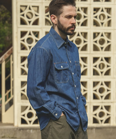 MR.OLIVE / 6oz DENIM / BLEACH WASH SERVICEMAN SHIRT / ミスターオリーブ / 6オンスデニム/ブリーチウォッシュ サービスマンシャツ